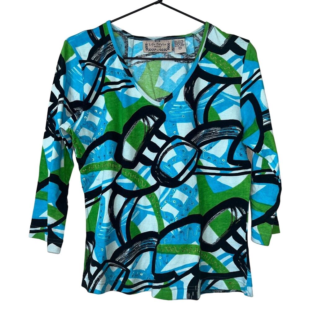 Life Style Womens Sz PM Petite Abstract Blouse Shirt Blue Green Black